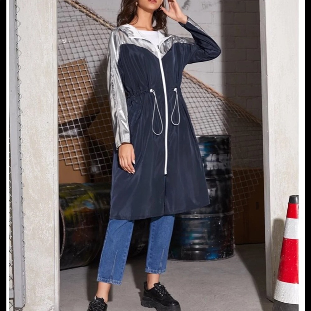 Navy & Silver Drawstring Waist Hooded Windbreaker - Picture 8 of 12